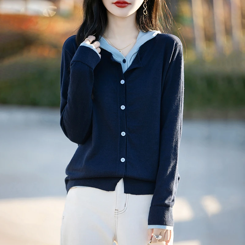 2025春秋新款羊毛时尚百搭毛衣简约气质假两件撞色韩版针织衫