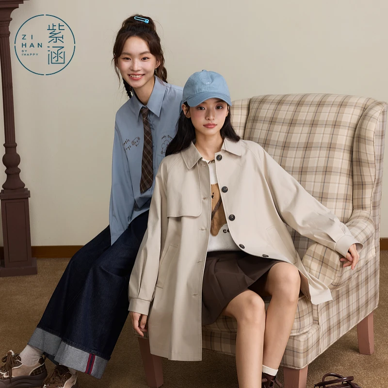 紫涵中长款翻领风衣女2025秋季新款英伦单排扣外套Z5Z08AS331