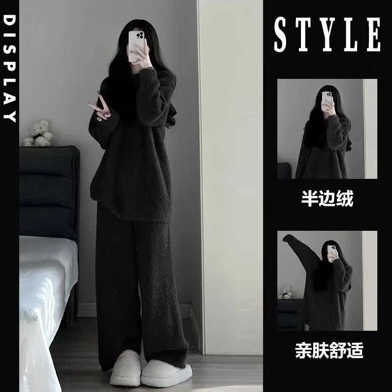 半边绒睡衣女加绒加厚冬季简约高级感大码少女休闲家居服针织套装