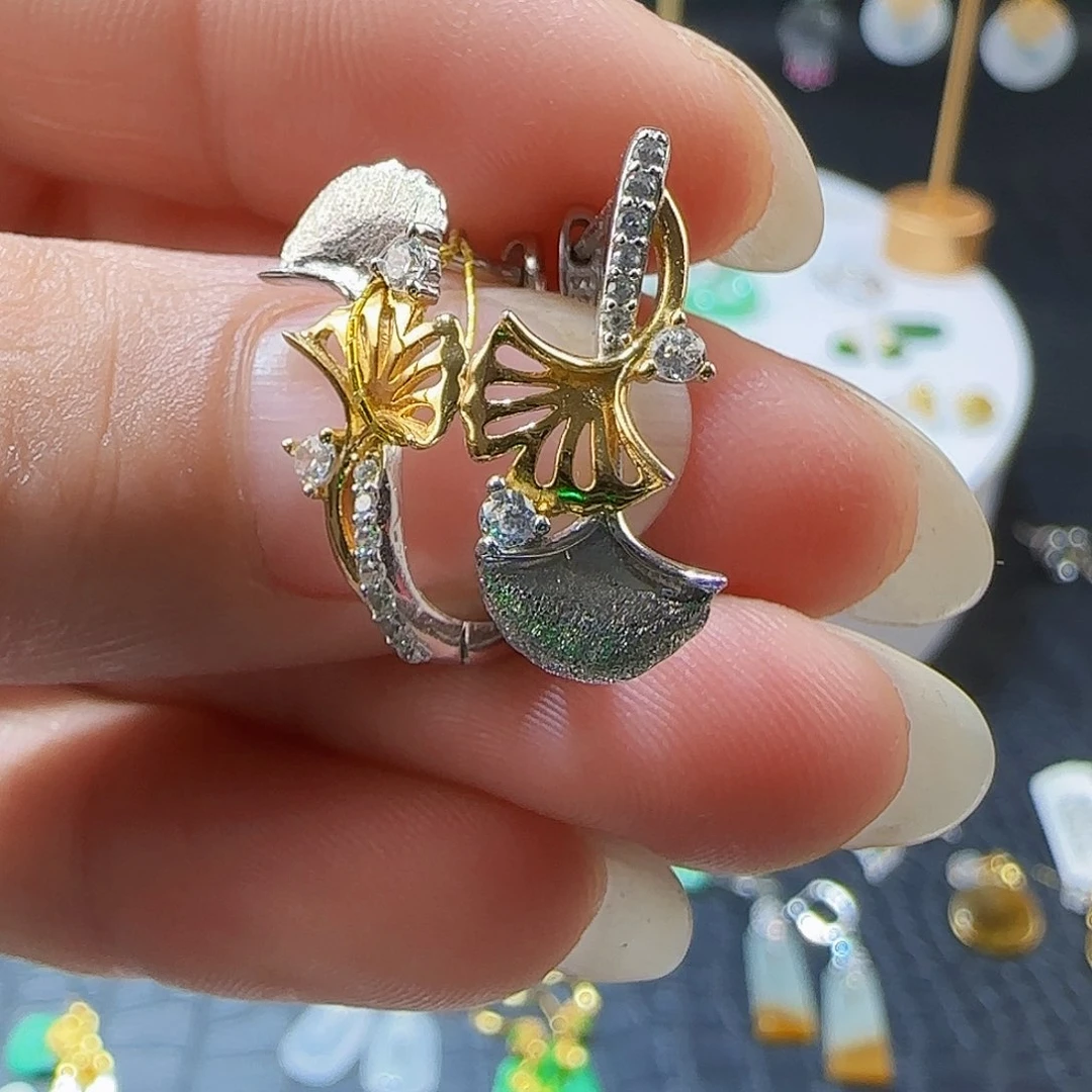 翡翠银S925镶嵌耳饰天然缅甸a货翡翠