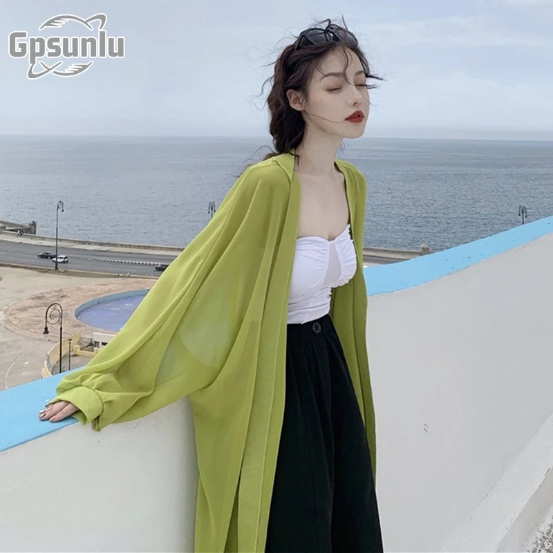 gpsunlu牛油果绿防晒衣女夏薄款中长款开衫外套外搭海边防晒罩衫