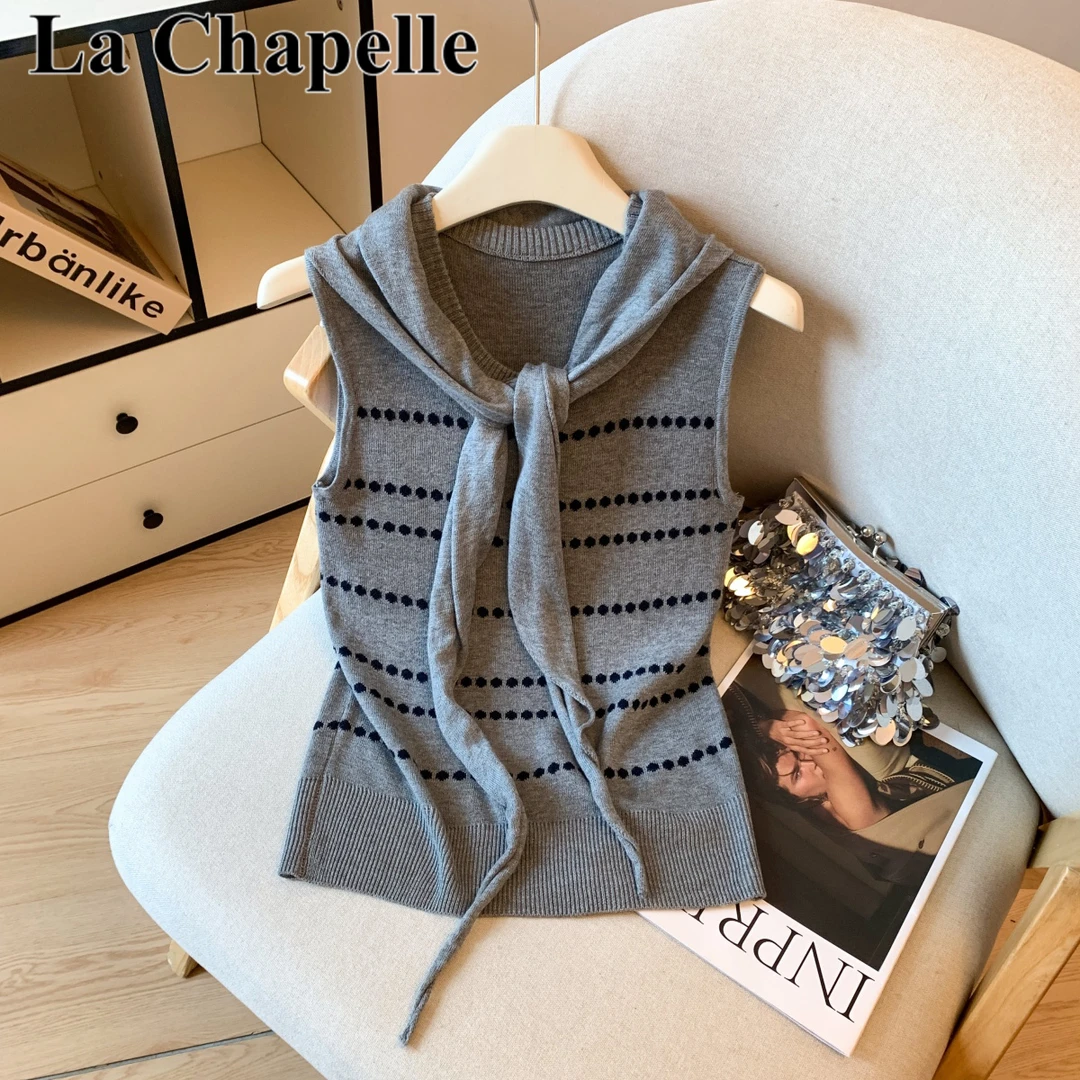 拉夏贝尔2025夏季新款韩版气质波点无袖针织衫简约两件套老钱风女