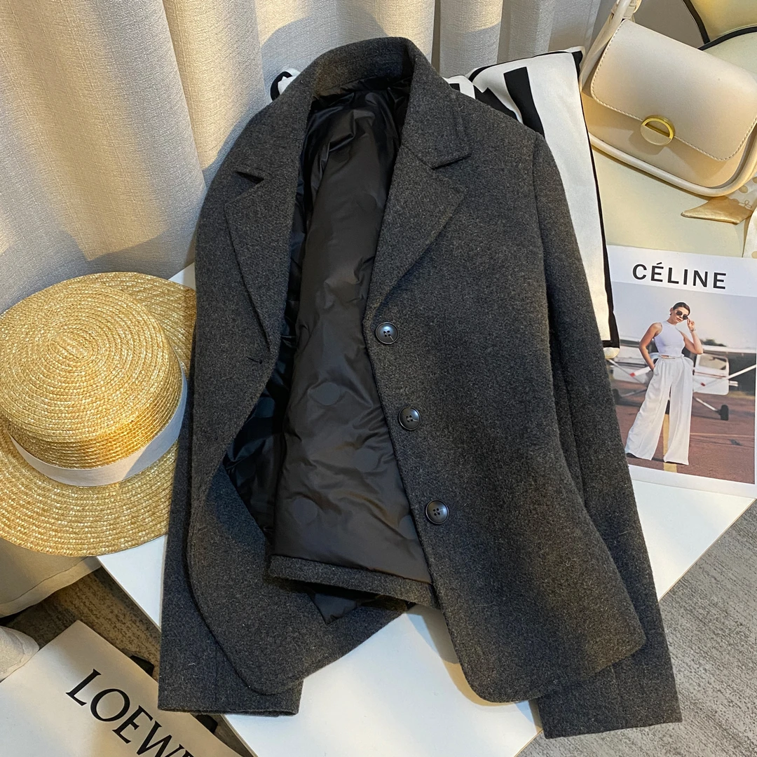 灰色韩版氛围感小个子高级穿搭毛呢西装短外套女时尚冬季新款西服