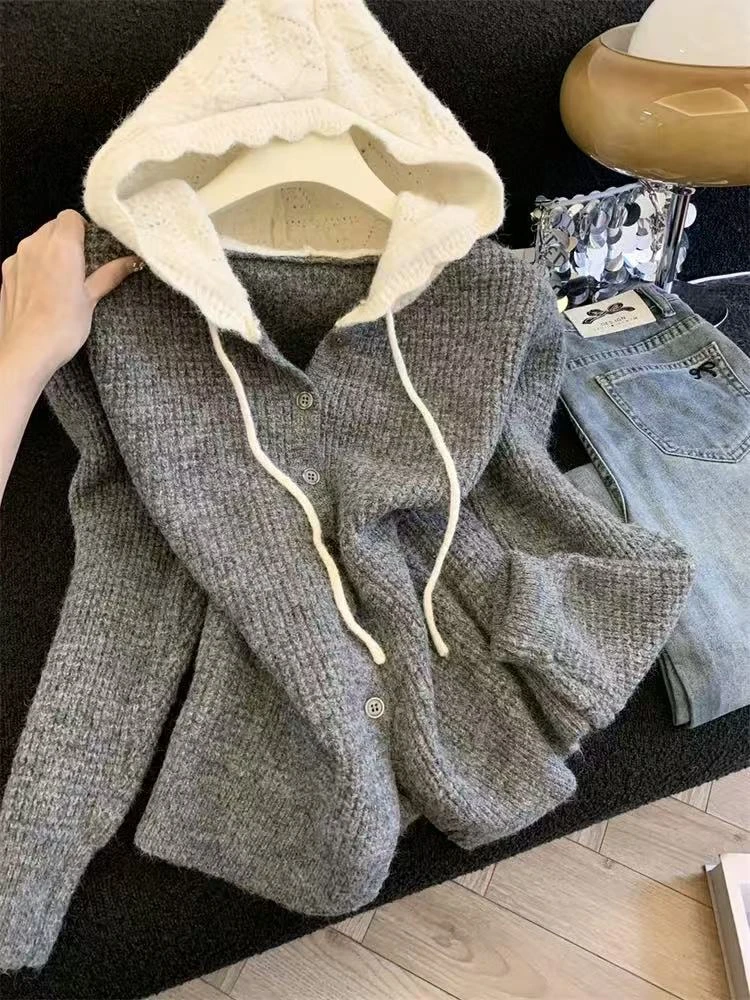 慵懒风撞色拼接连帽短外套女冬季宽松小个子#G552