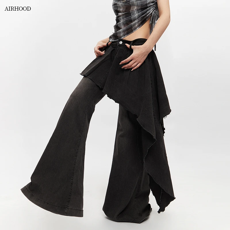 AIRHOOD 辣妹个性飘带设计感牛仔裤女夏季潮牌水洗微喇叭裤子1593
