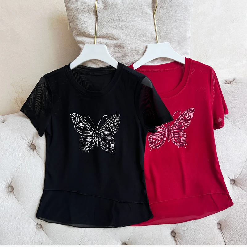 冰感透气软纱T恤女夏双层网纱彩钻修身显瘦弹力抗皱运动休闲上衣