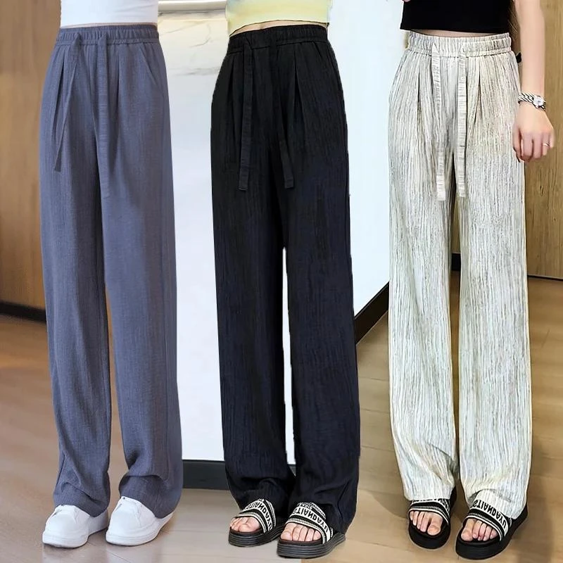 冰丝阔腿裤女夏季2025新款高腰抽绳肌理感慵懒美式休闲拖地裤子