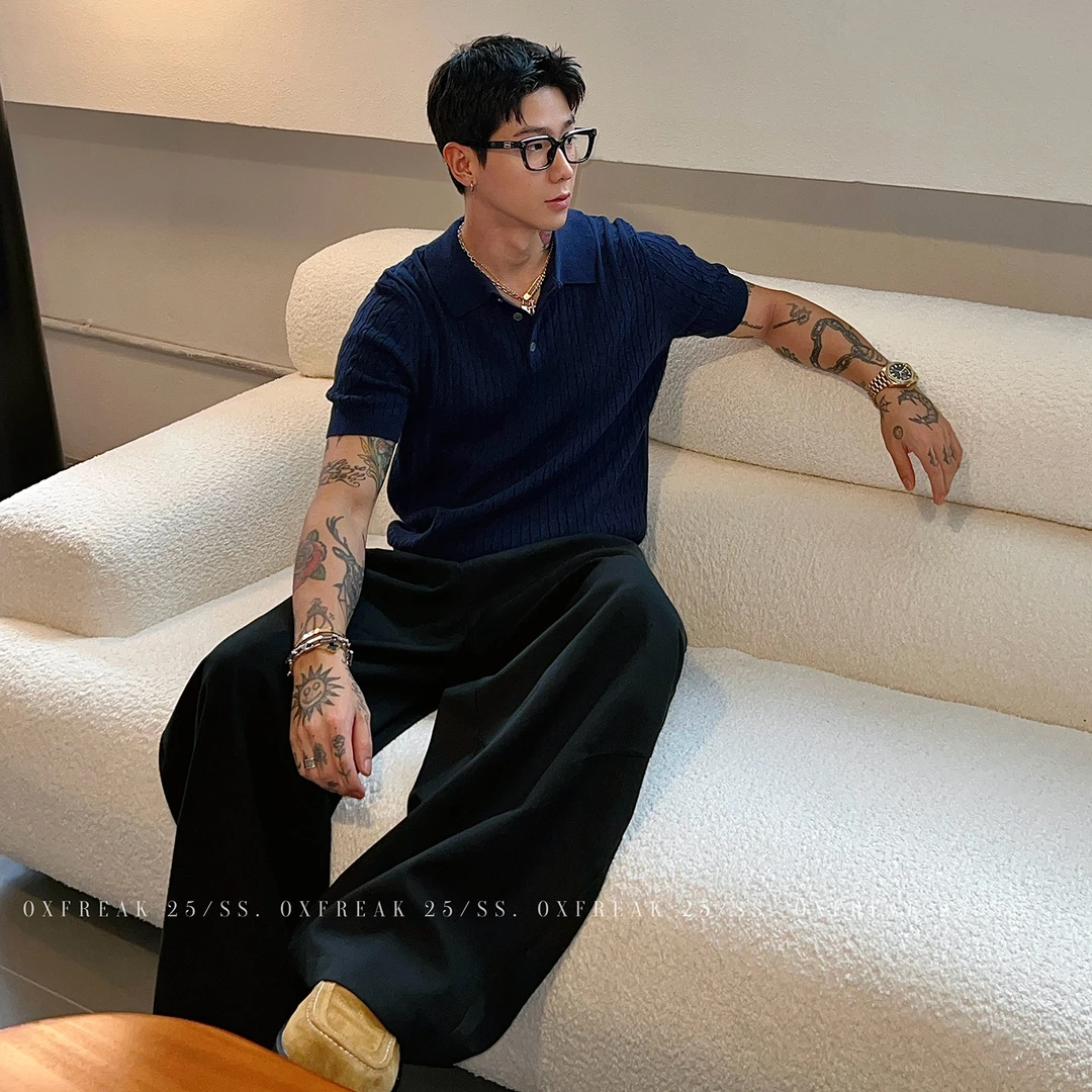 OXFREAK「老钱风 绞花纹理」海鸥领针织polo衫男短袖正肩修身半袖