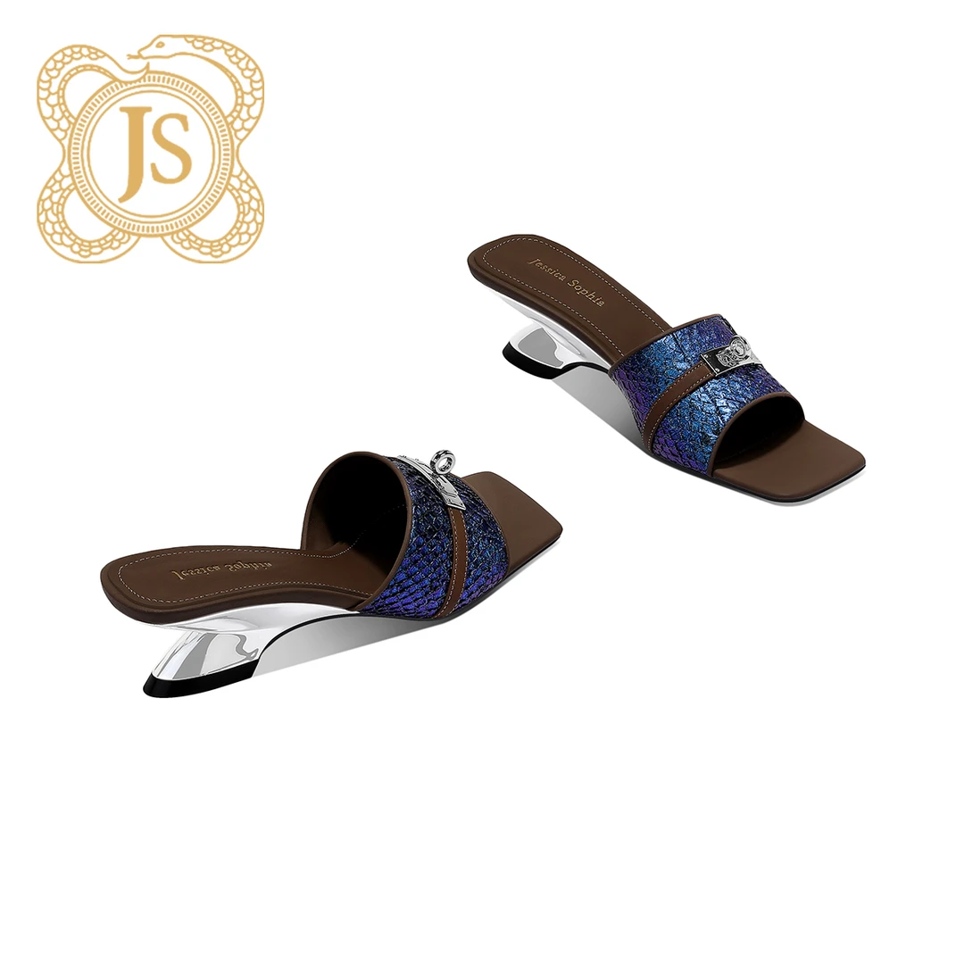 已开价，1257L65XJ蓝色设计感小众气质露趾锁扣坡跟女鞋夏凉拖