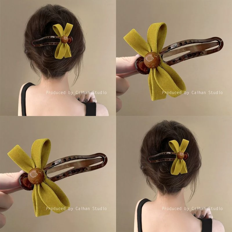气质姜黄~丝绒蝴蝶结糖豆发夹女显白高级感后脑勺一字夹旅行发卡