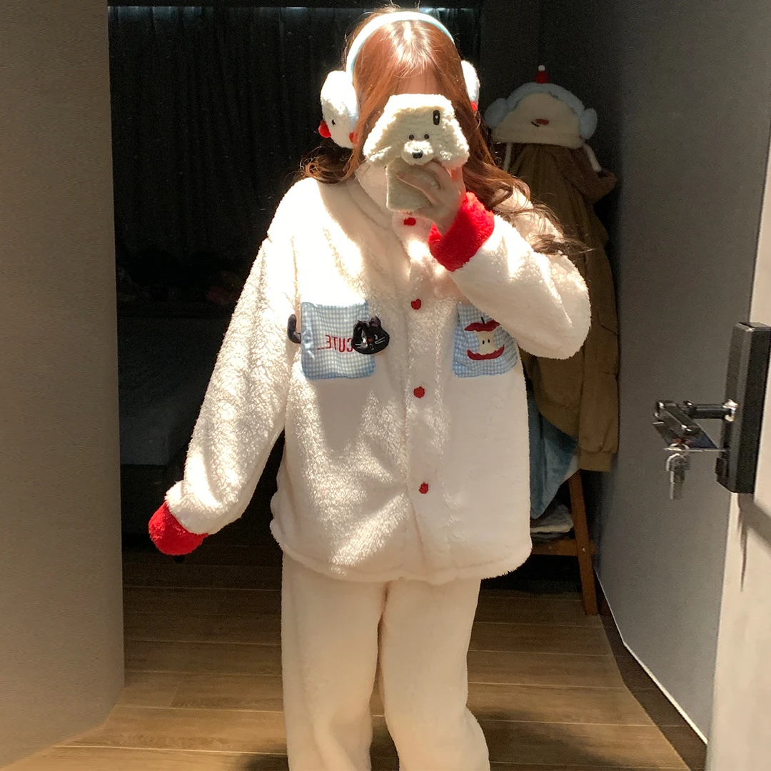 珊瑚绒睡衣女秋冬季大码加厚25新款蓝格子猫套装长毛绒冬天家居服