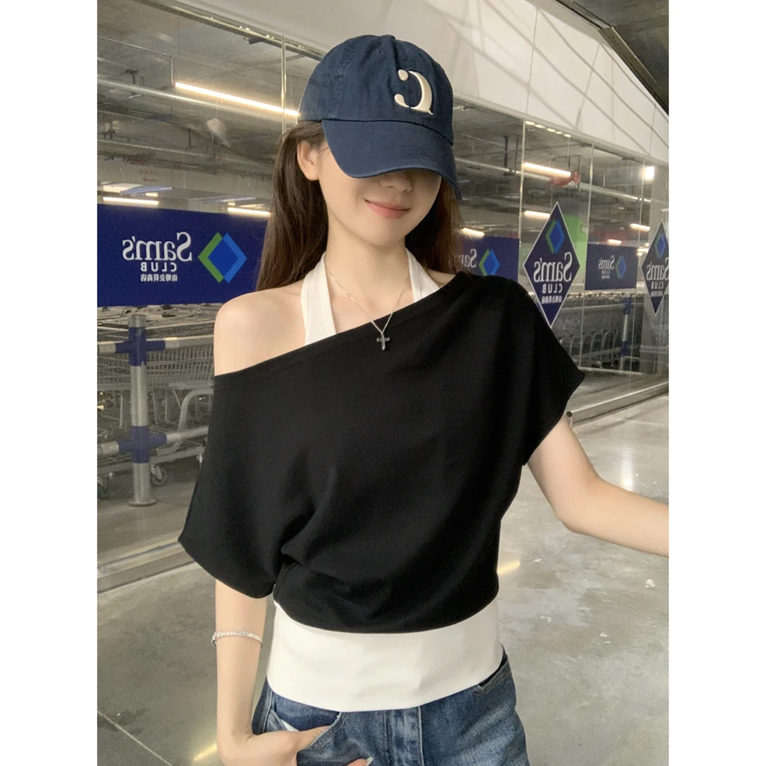 大码胖mm韩版chic露肩斜肩挂脖假两件短袖T恤女夏季遮肉显瘦上衣