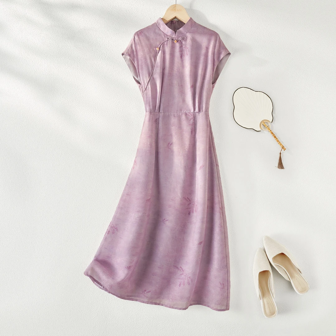 IHIMI2025年夏新款简约气质盘扣新中式印花中长款显瘦连衣裙2552