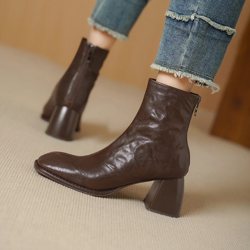 柔软羊皮~不累脚~法式方头粗跟真皮短靴百搭高跟女单靴棕色瘦瘦靴