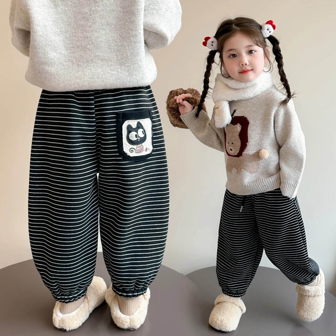 女童条纹休闲裤2025新款儿童秋冬装韩版洋气女宝宝冬季一体绒裤子