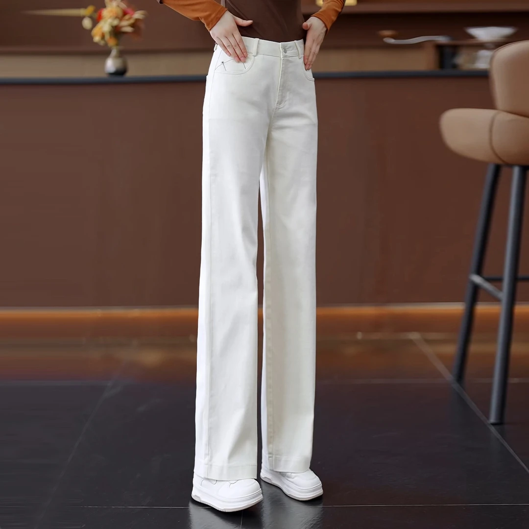 米白色阔腿牛仔裤女秋季2025新款高腰显瘦垂感休闲裤柔软棉直筒裤