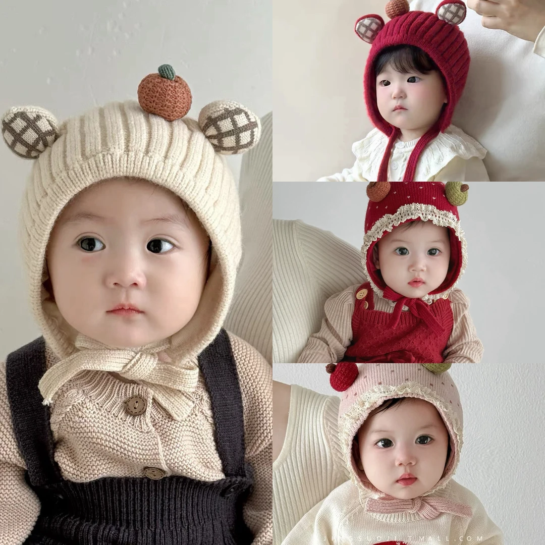 婴儿帽子秋冬季宝宝针织帽毛线帽女童红色护耳帽冬季加厚保暖新款