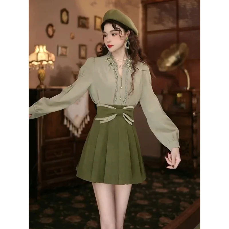 现[浅浅专属]510#超仙学姐套装独特花边衬衫蝴蝶结百褶裙套装新款