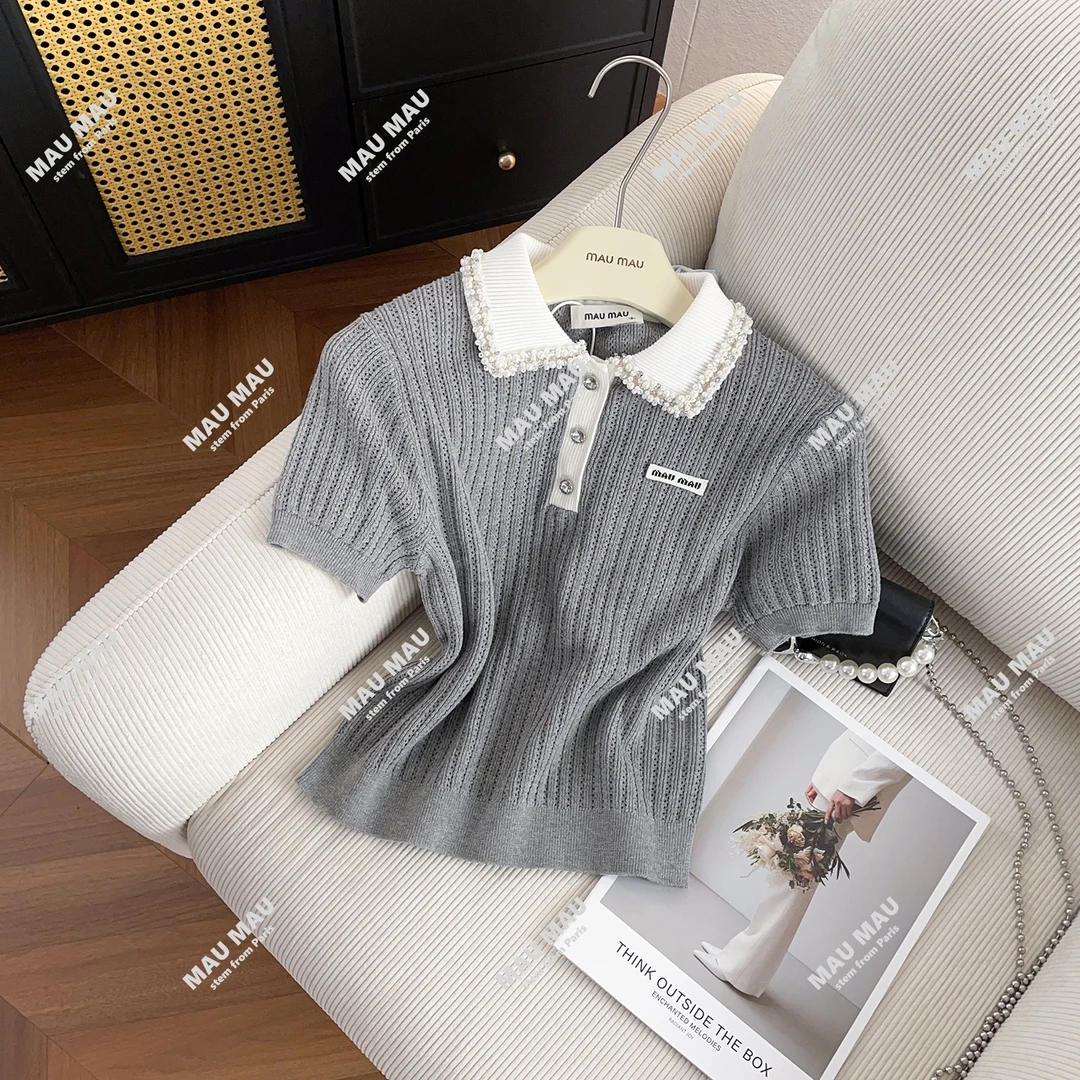 MIUMEM 减龄拼接polo领针织衫小个子短袖灰色小香风上衣 DY7810