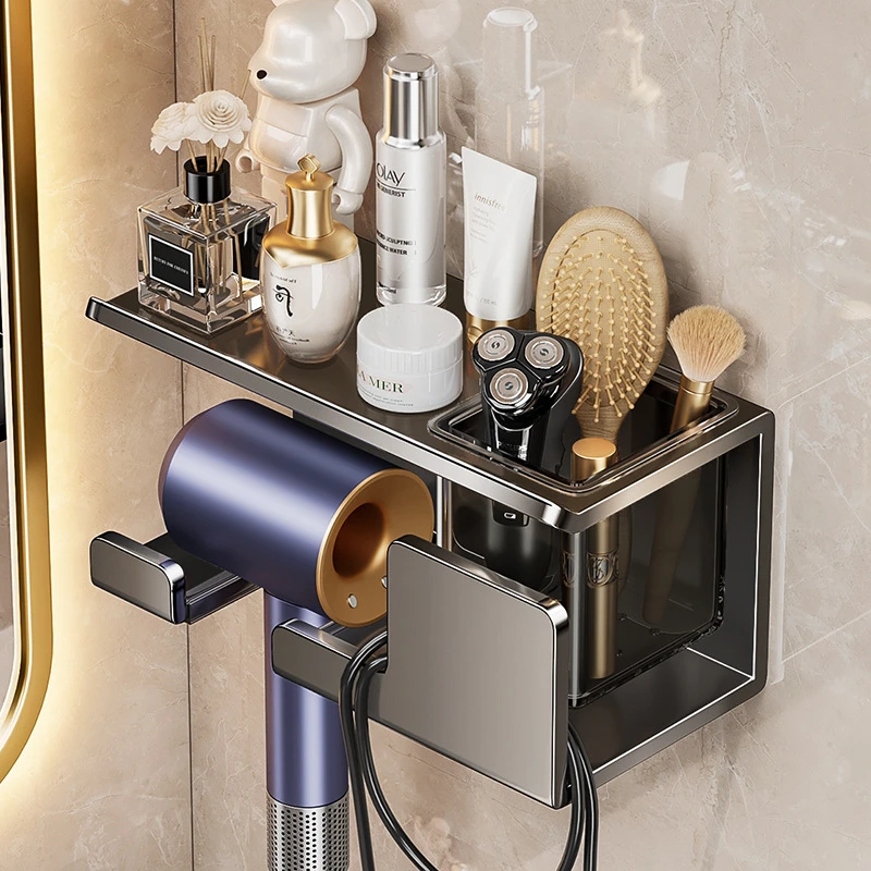 枪灰色免打孔电吹风机架卫生间置物架壁挂墙上浴室厕所收纳架