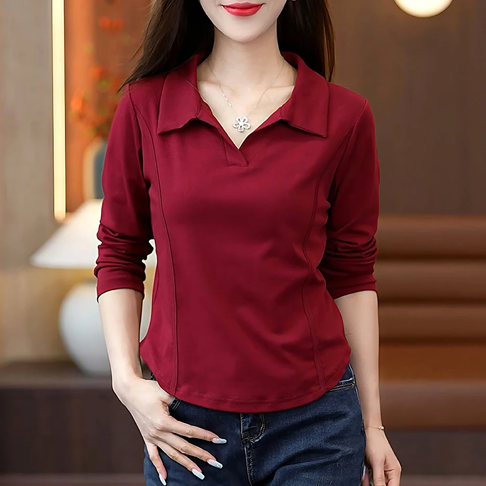 大码纯色polo领纯棉长袖t恤女士2025春秋收腰正肩显瘦长袖上衣潮