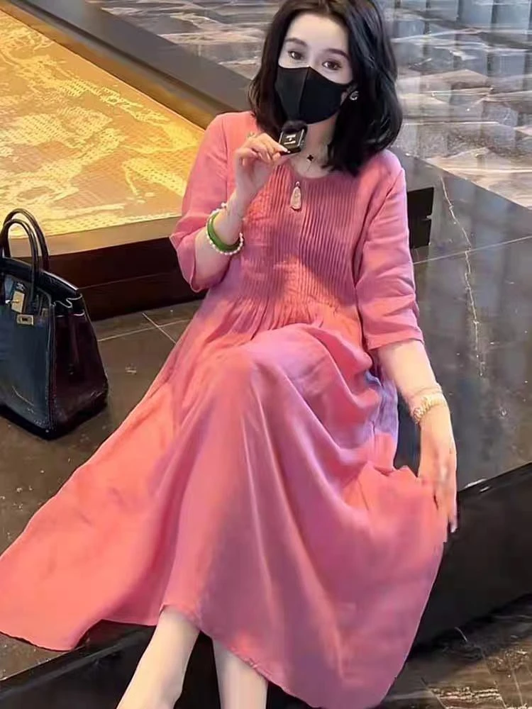 1002#感气质棉连衣裙夏季2024新款宽松显瘦法式温柔风长裙