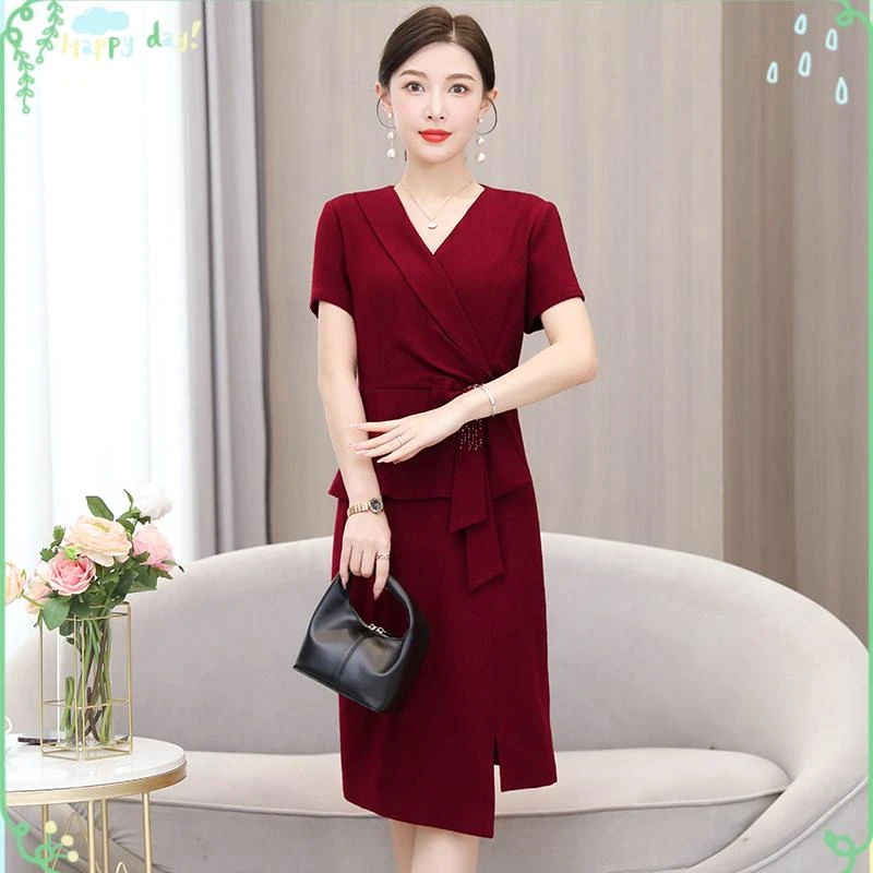 喜婆婆婚宴装高贵红色高端婚礼妈妈小个子礼服裙女平时可穿连衣裙