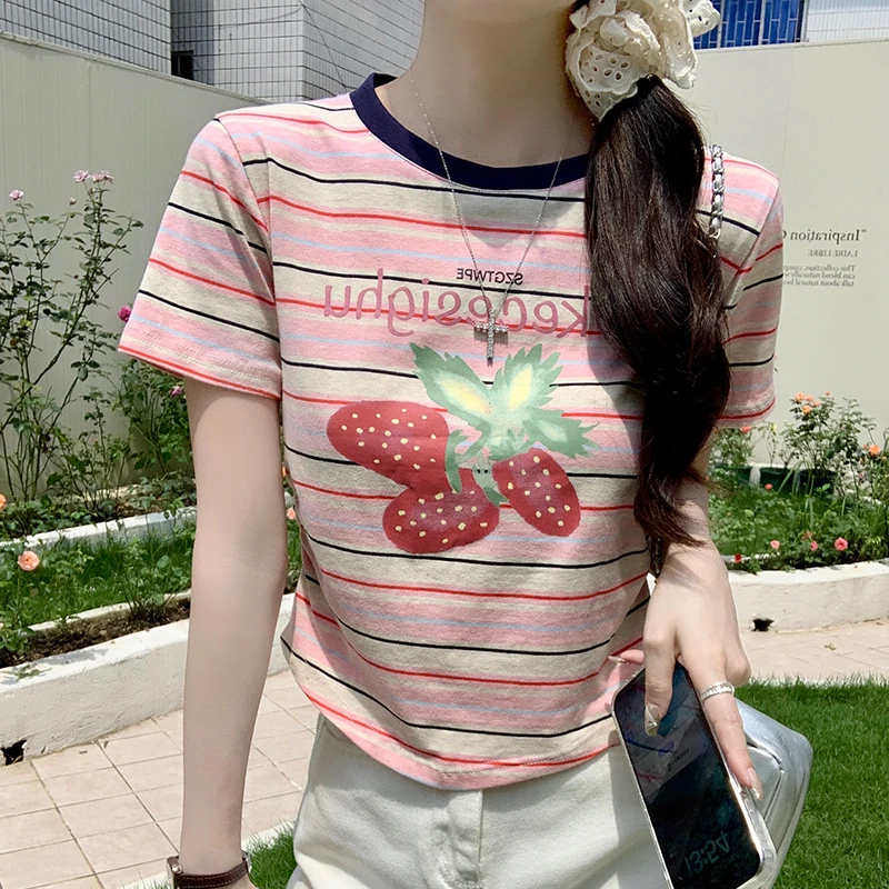 韩版休闲条纹草莓印花短袖t恤女夏2025新款正肩修身短款圆领上衣