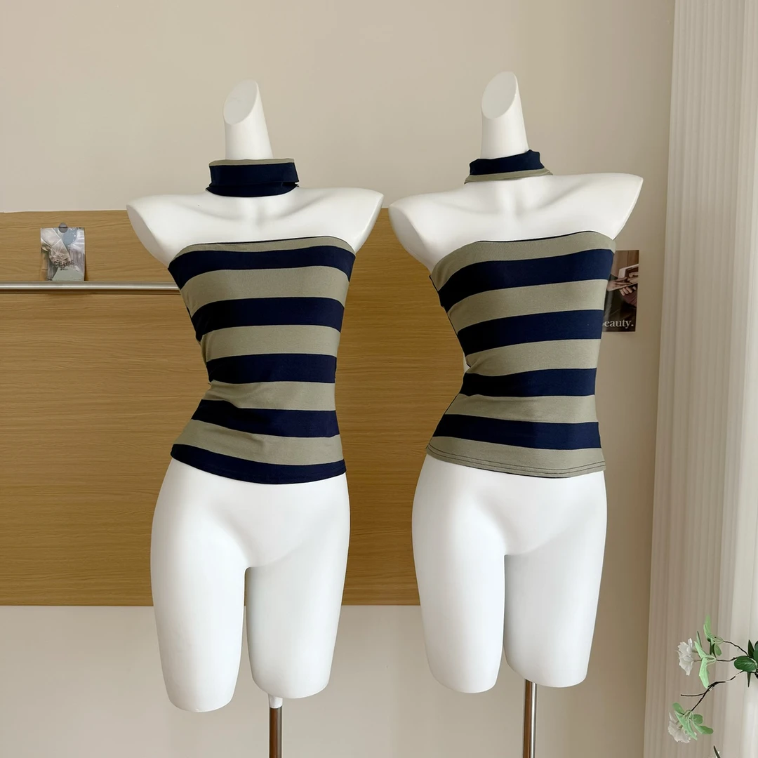 韩版复古条纹修身显瘦挂脖吊带上衣女辣妹裹胸遮肉背心上衣女