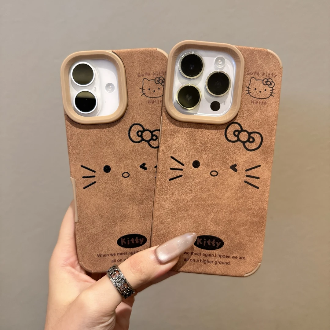 翻毛皮凯蒂猫适用苹果16/15promax手机壳 iPhone13秋日美拉德