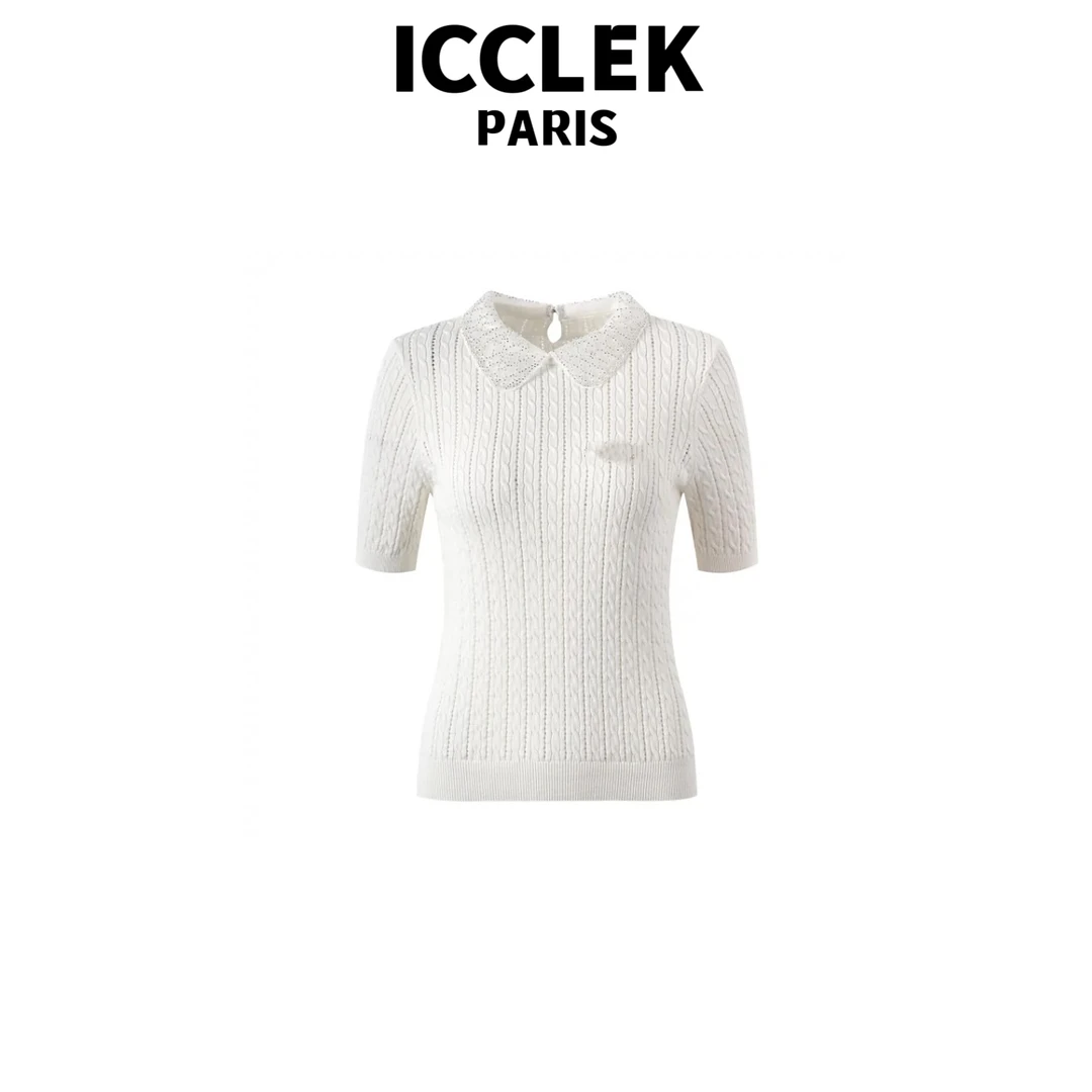 ICCLEK 翻领钉珠针织短袖夏季休闲百搭名媛气质显瘦上衣  - 2514