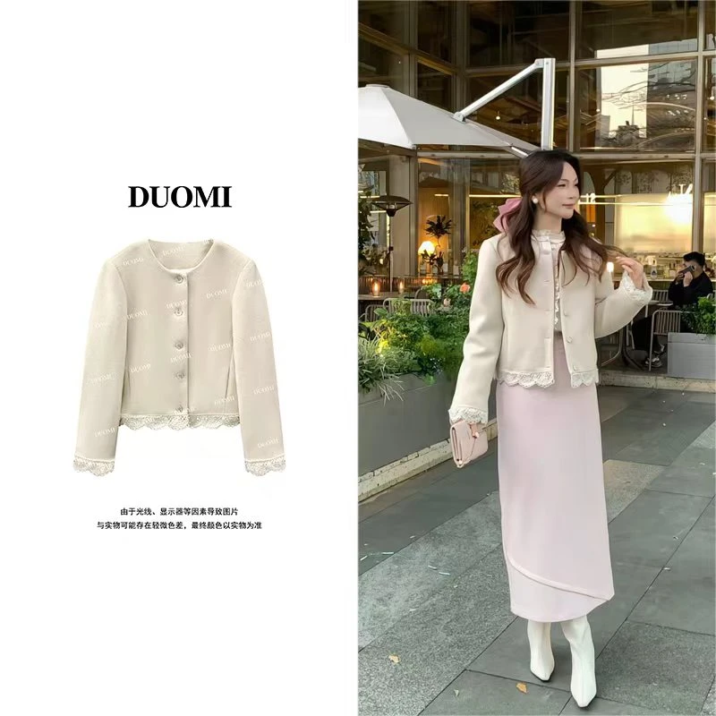 【DUOMI】冬季新款百搭下摆拼花边时尚设计百搭圆领短外套女D8138