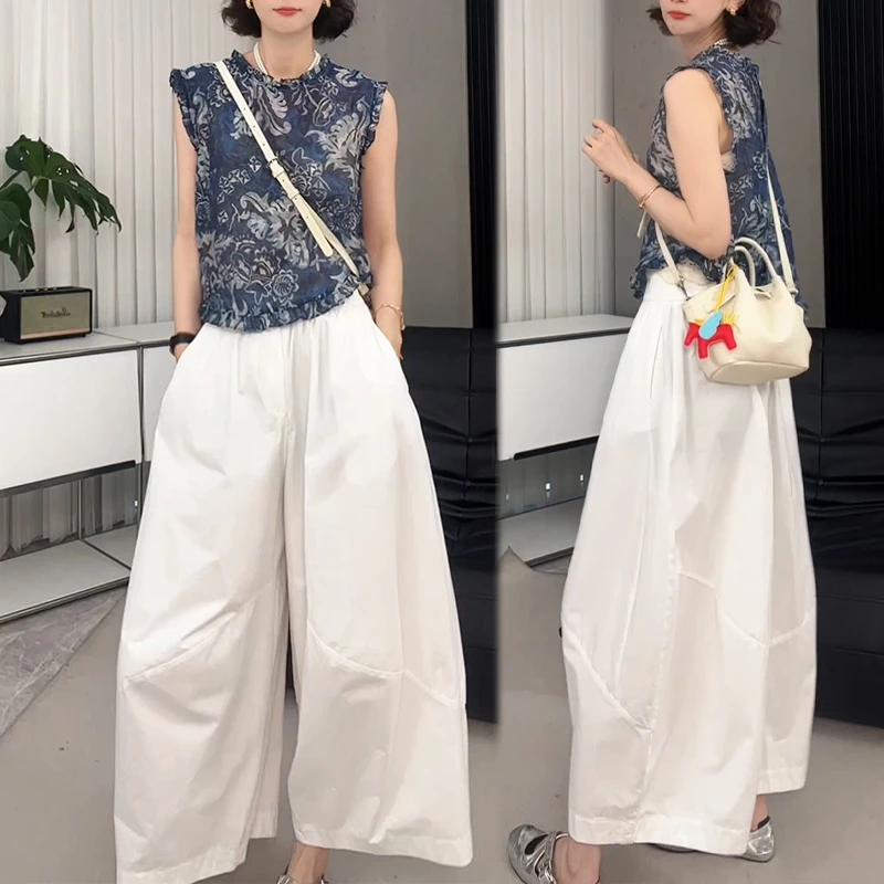 2025夏季新款印花无袖上衣高腰纯色休闲裤套装女士洋气时尚两件套