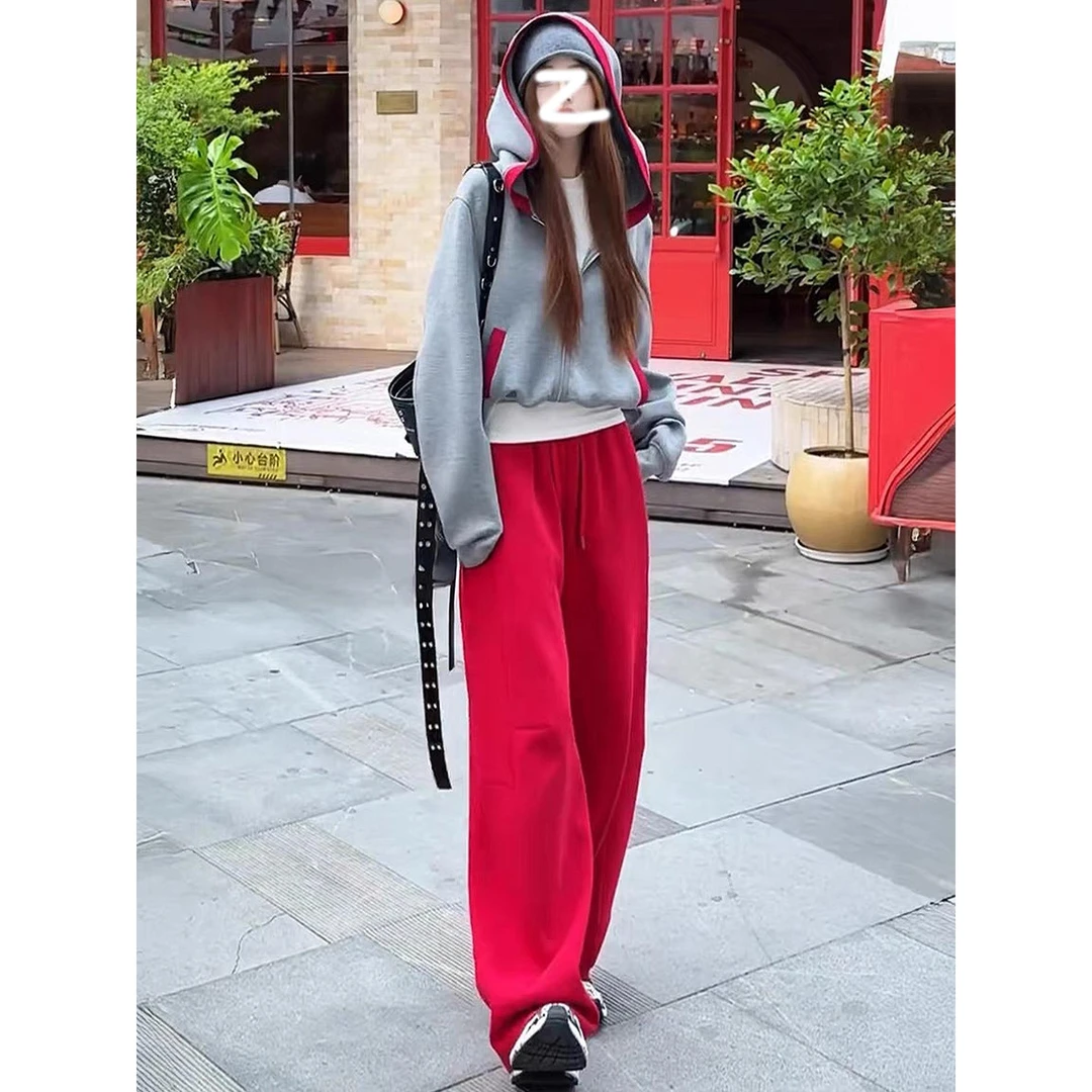 美式潮牌休闲运动套装女秋季爆款慵懒风撞色连帽卫衣阔腿裤两件套
