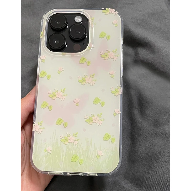 雅天立粉绿花朵蝴蝶适用苹果13手机壳16女iPhone华为vivo小米oppo