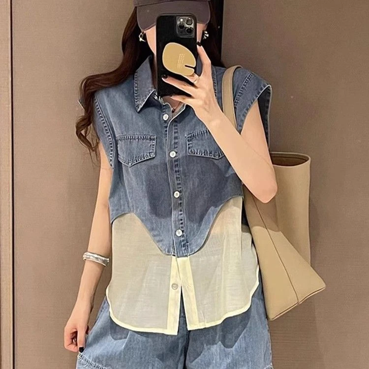 小个子牛仔拼接无袖马甲短裤两件套休闲运动套装女夏炸街减龄洋气