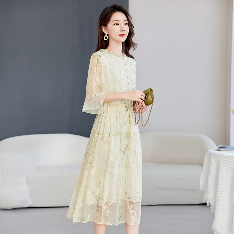 【吕先生专属】水墨佳人夏季新款100%桑蚕丝刺绣连衣裙82599502
