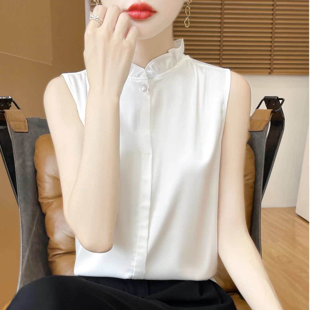 中式醋酸缎面无袖衬衫女内搭衬衣背心打底开衫国风木耳领上衣A55