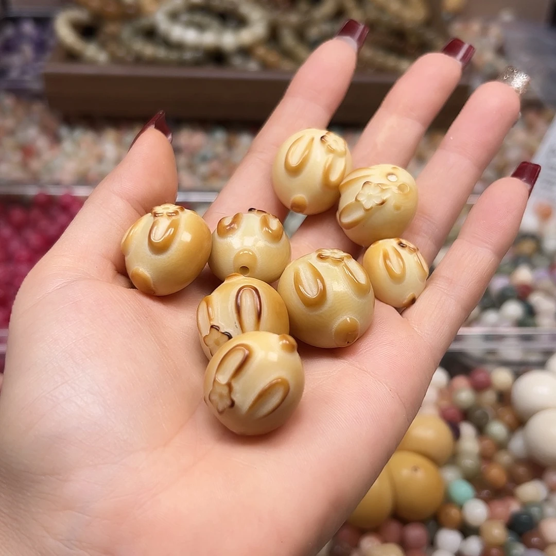 手串菩提根/象牙果微瑕炭烤花兔子10颗有裂