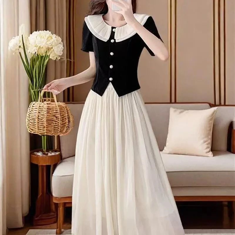 娃娃领衬衫上衣搭配甜美半身裙女2025夏季韩版新款气质时尚两件套