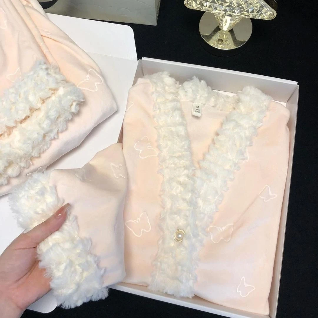 小香风蝴蝶睡衣女2025新款秋冬季海岛绒加厚保暖高级感家居服套装