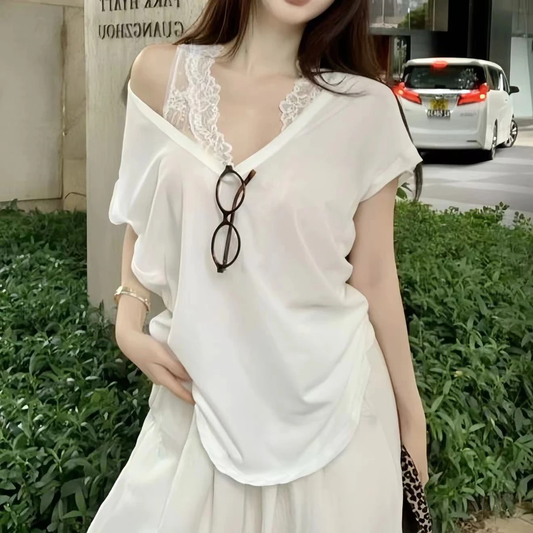 【TONG】纯欲蕾丝背心白色V领宽松T恤两件套性感百搭（051款）