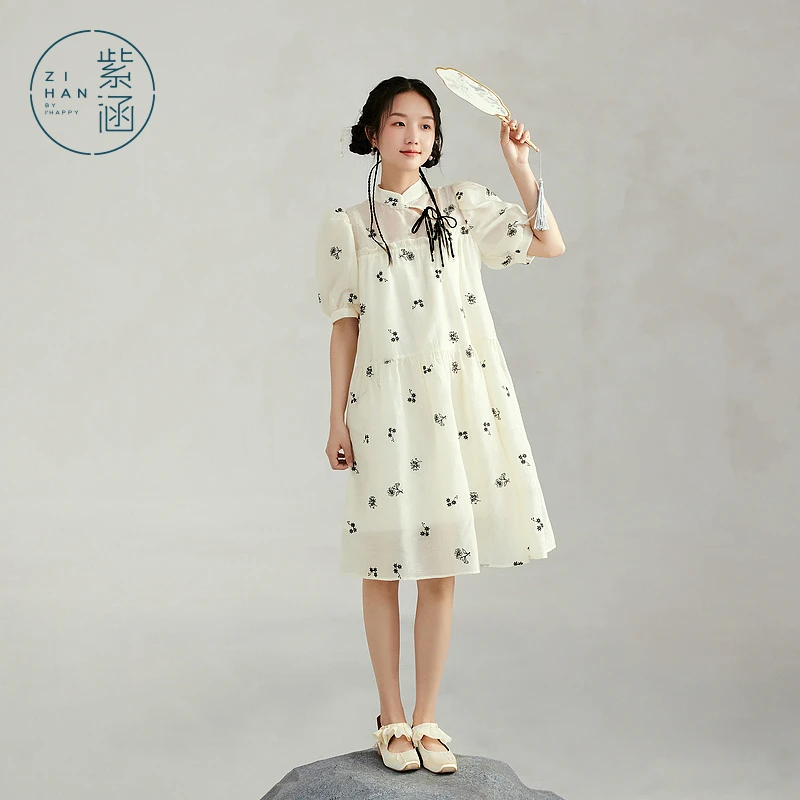 紫涵立领斜门襟连衣裙秋季A字中长裙宽松高腰满印绣花Z3Z06DS019