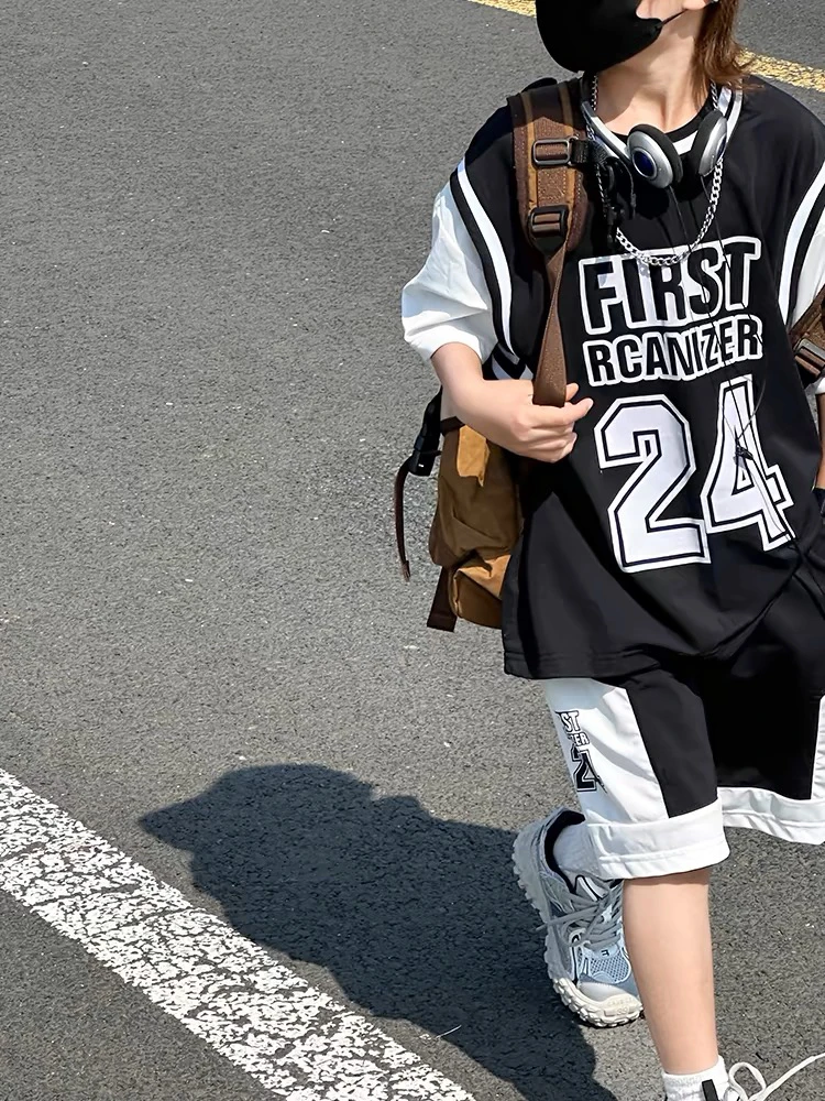 2025新款男童运动套装夏季薄款短袖速干冰丝透气宽松中大童篮球服