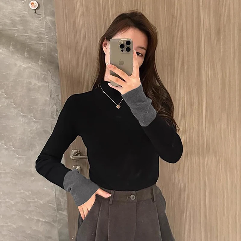 撞色半高领针织毛衣女2025新款大码胖mm修身内搭上衣服黑色打底衫