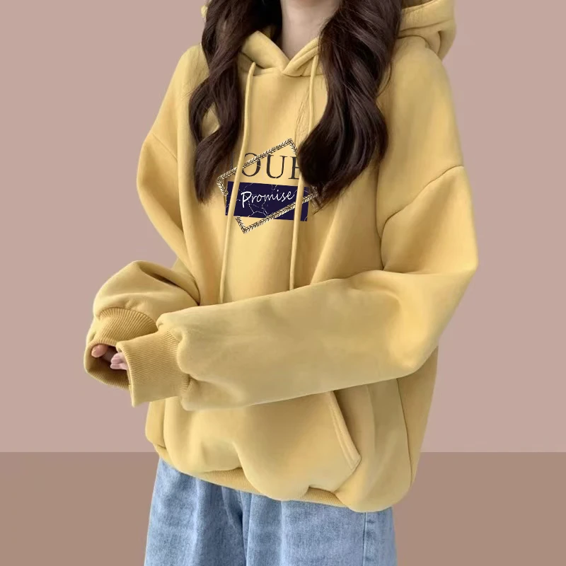 黄色连帽卫衣女士秋冬季加绒洋气大码宽松胖mm中长款百搭印花上衣