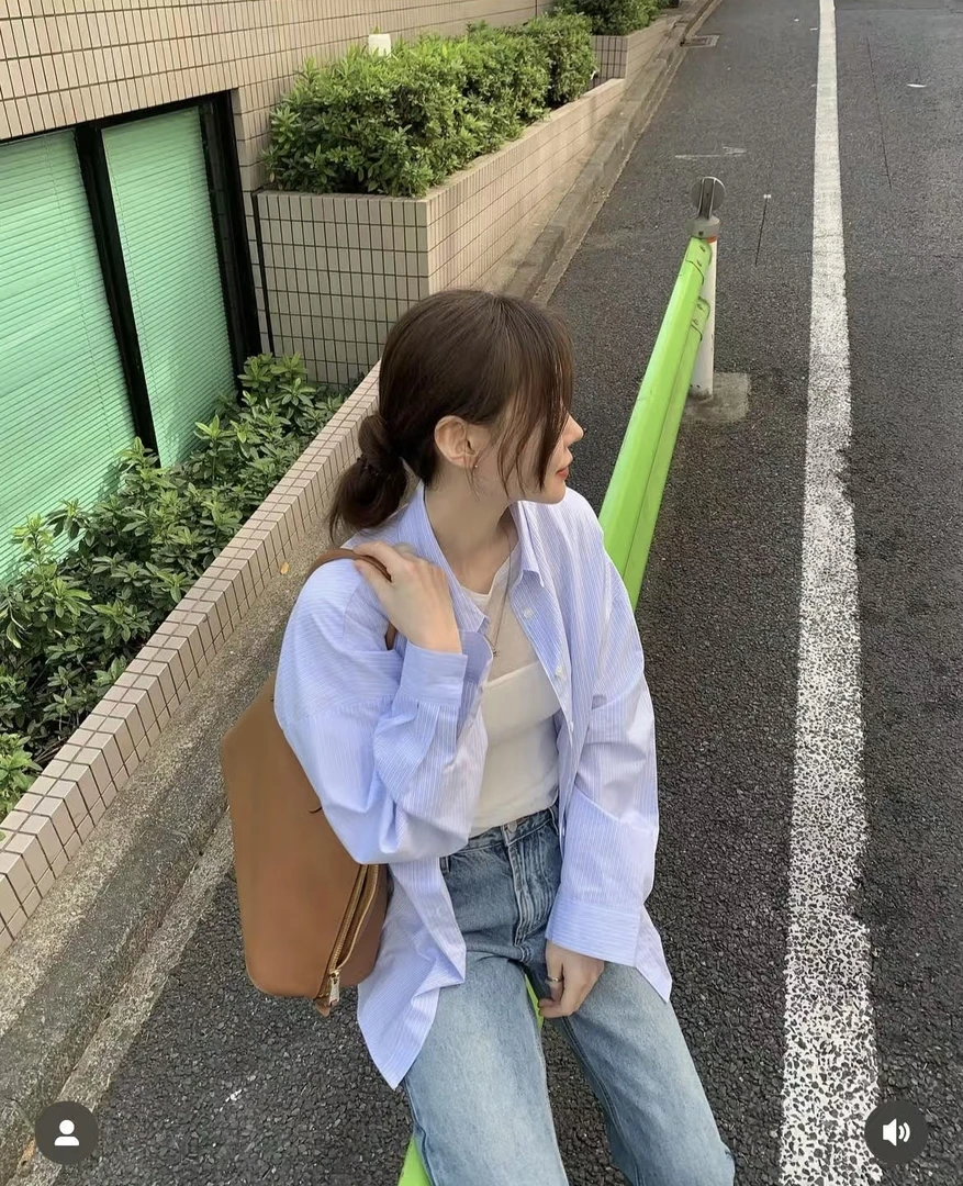 No退No换宽松条纹衬衣壹韩国东大门女装2025夏新款百搭衬衫女025f