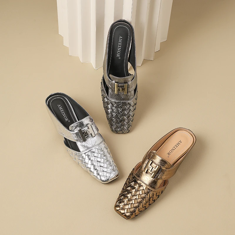 AMEINOR2025夏季新款时尚编织金属扣式小方头真皮坡跟女士拖鞋