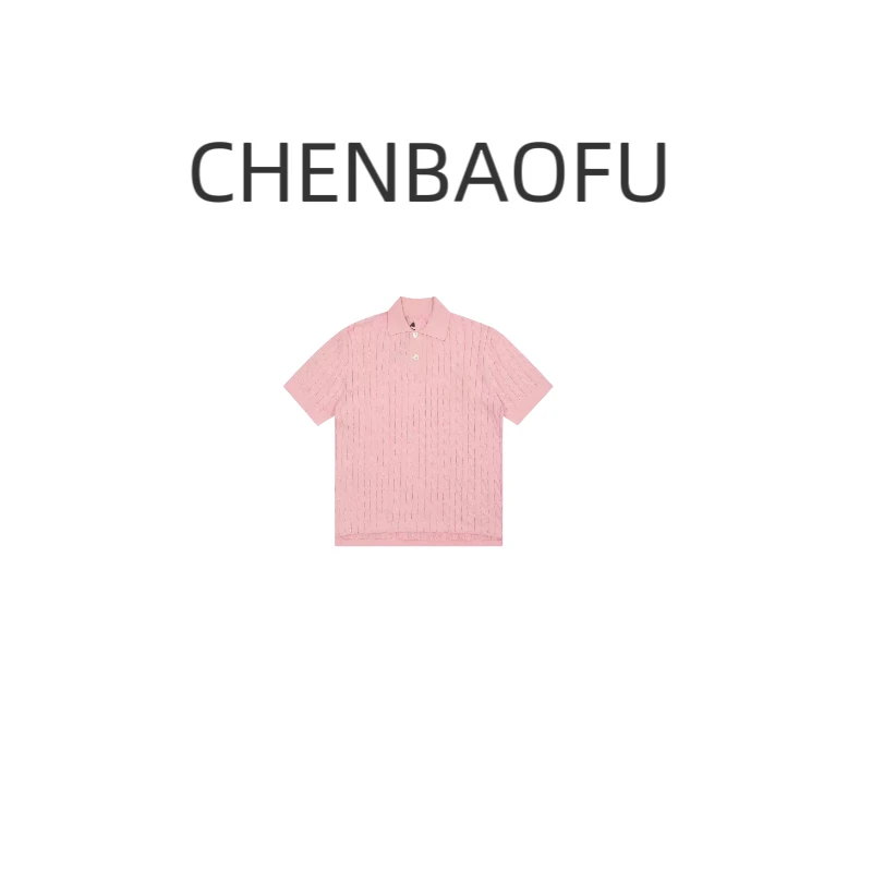 CHENBAOFU夏季韩系百搭POLO领刺绣麻花针织短袖上衣