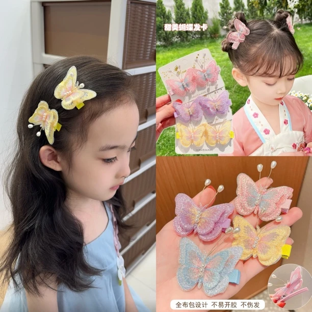 儿童超仙气刺绣蝴蝶发夹女童可爱古风汉服头饰发卡公主刘海侧边夹